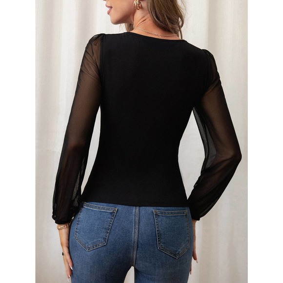 Contrast Mesh Lantern Sleeve long sleeve Scoop Neck Top black - Picture 2 of 6